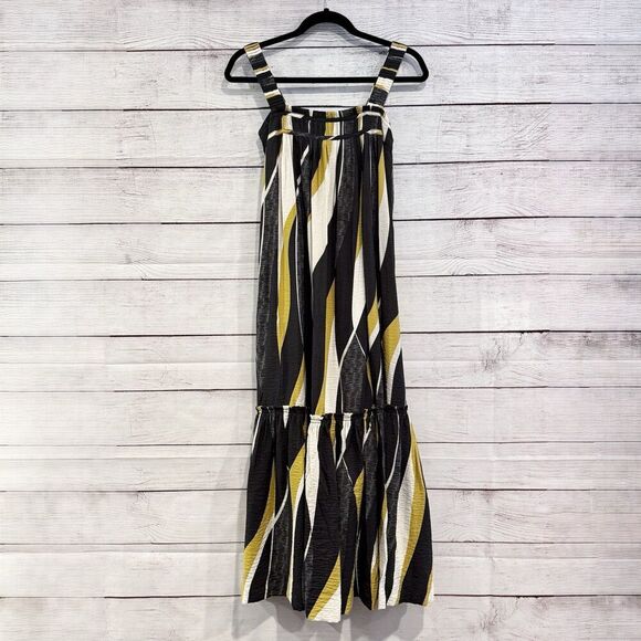 Anthropologie Square Neck Waistless Midi Dress Black Yellow Flowy Size XXS Boho - Picture 2 of 13